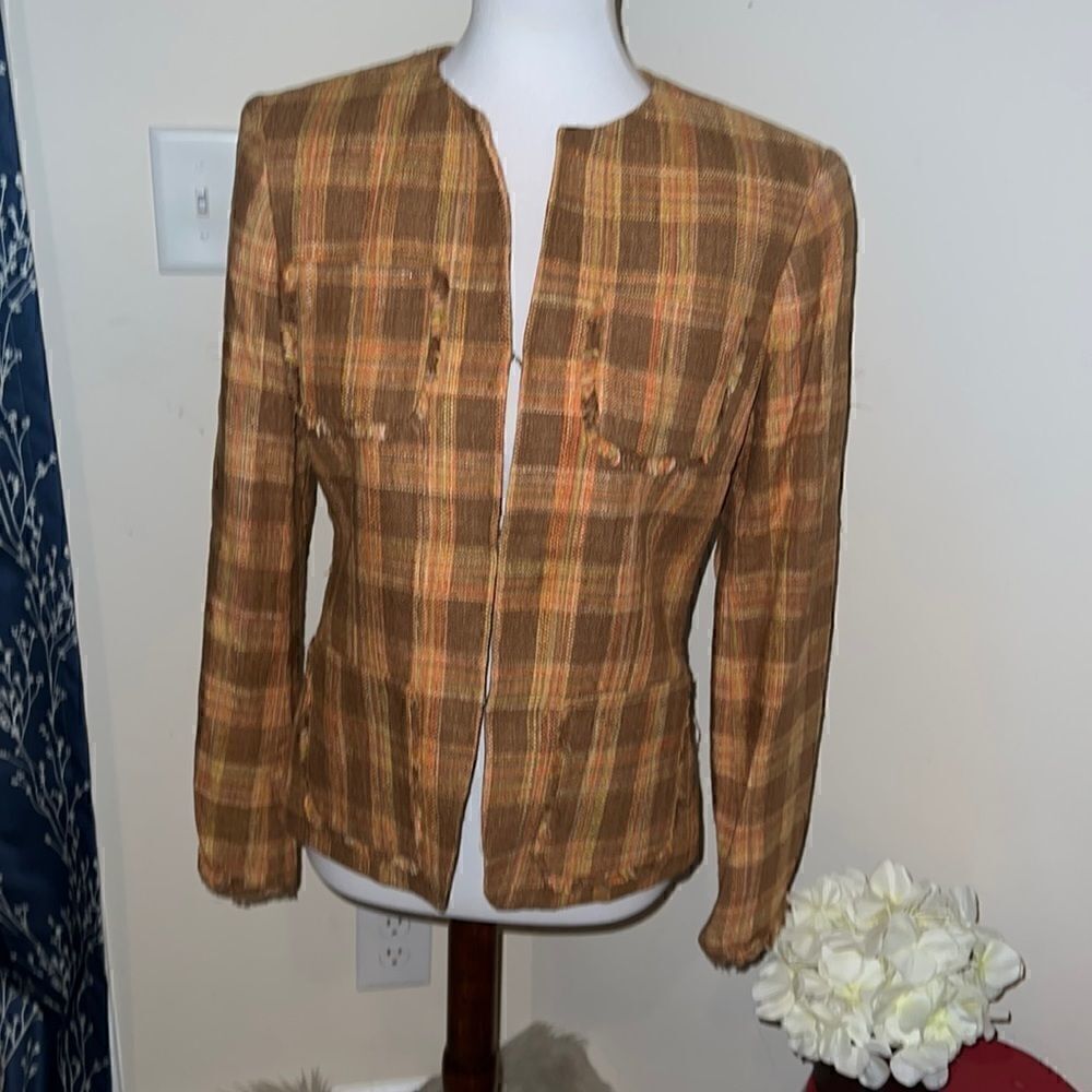 J. McLaughlin Silk Tweed Plaid Blazer Jacket Brown Orange Pockets sz 6